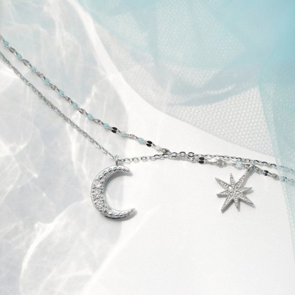 925 Sterling Silver Diamond Moon Star Necklace K - Picture 7 of 7